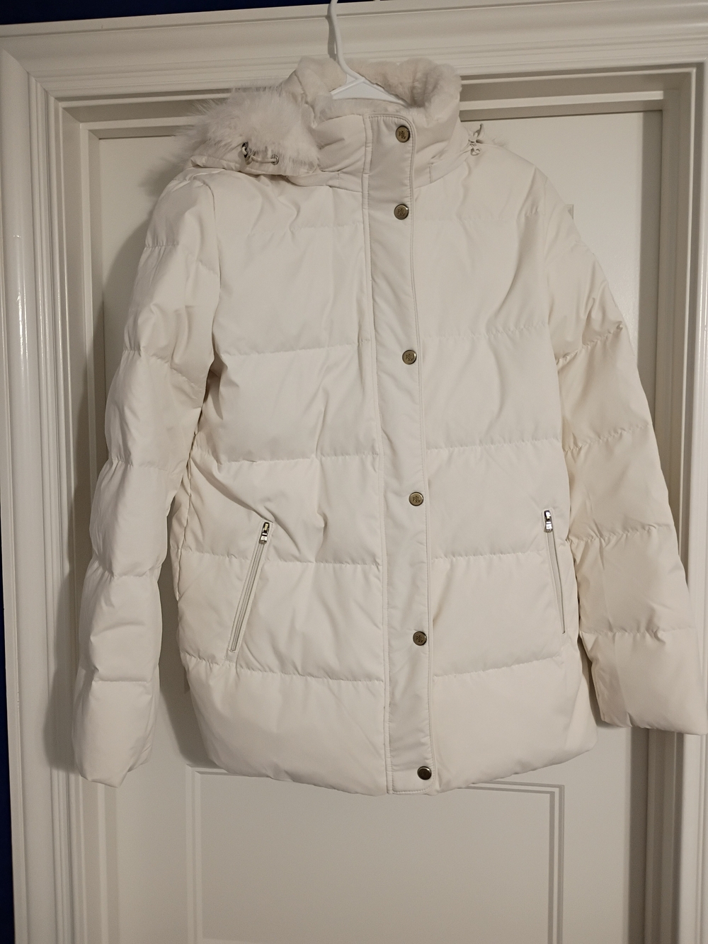 Lauren Ralph Lauren Cream Down Puffer Jacket w/ Faux Fur Hood Womens Size Medium
